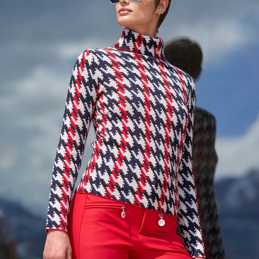 Perfect Moment Houndstooth Turtleneck Sweater Red White Blue Small NWT